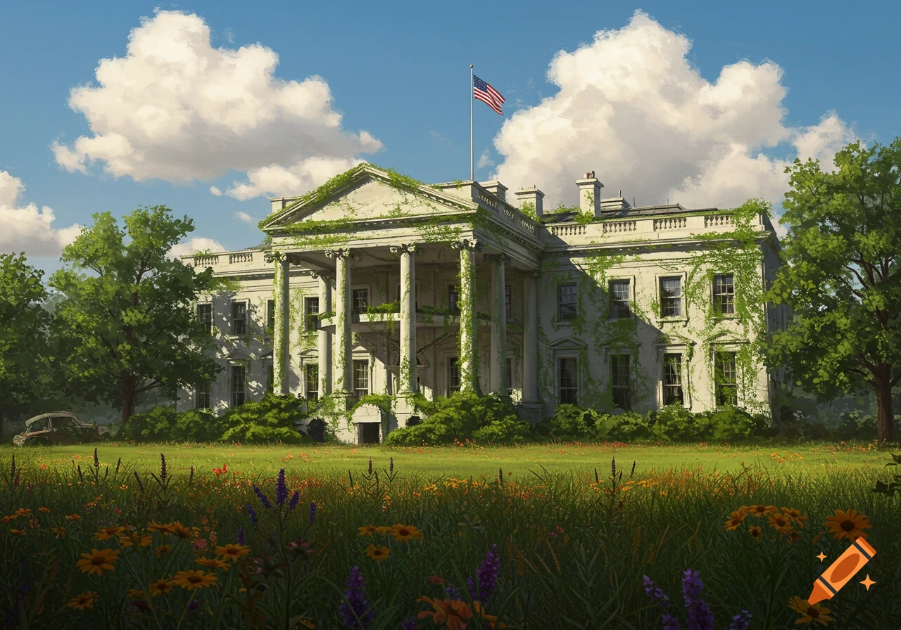 Overgrown White House with vines and wildflowers on a sunny day, an abandoned car in the background.