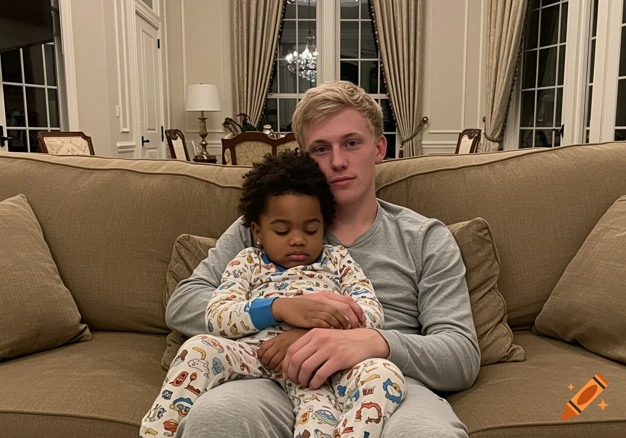 A man with blonde hair sits on a couch holding a sleeping child with dark curly hair, both wearing pajamas, in a luxurious living room.