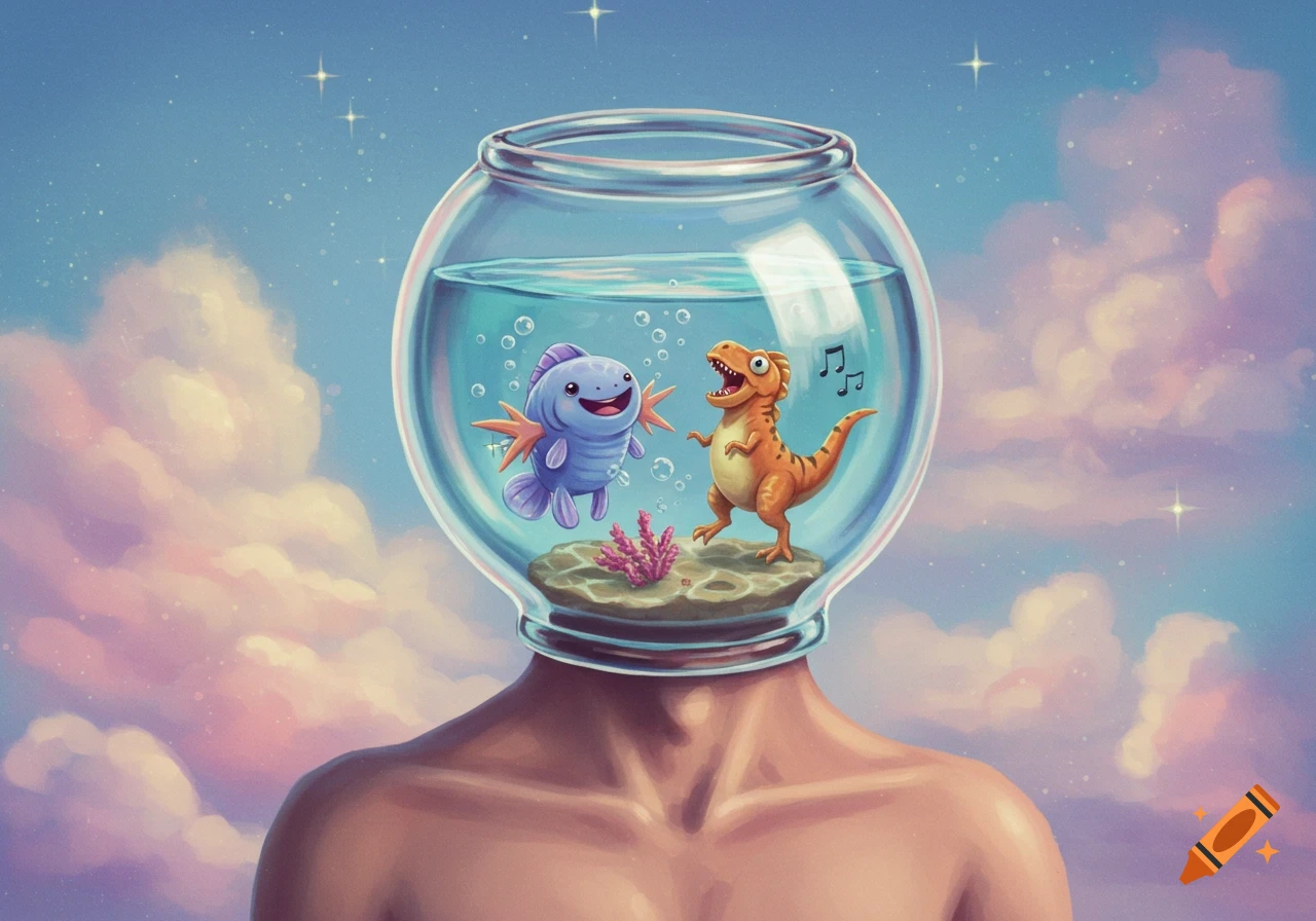 Stylized illustration of a man with a fishbowl head containing a happy blue fish and a singing orange dinosaur, set against a cloudy, starry sky.