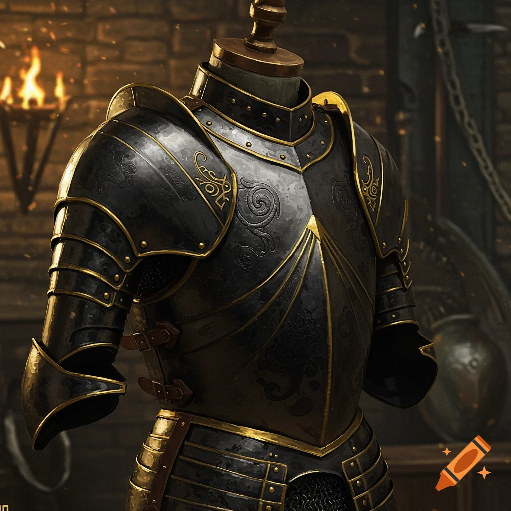 Detailed black and gold medieval armor displayed on a stand in a dim, torch-lit stone room.