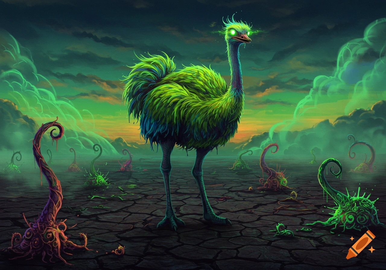 A glowing green ostrich stands on cracked ground amidst alien, oozing plants under a stormy green sky in a toxic-looking fantasy landscape.