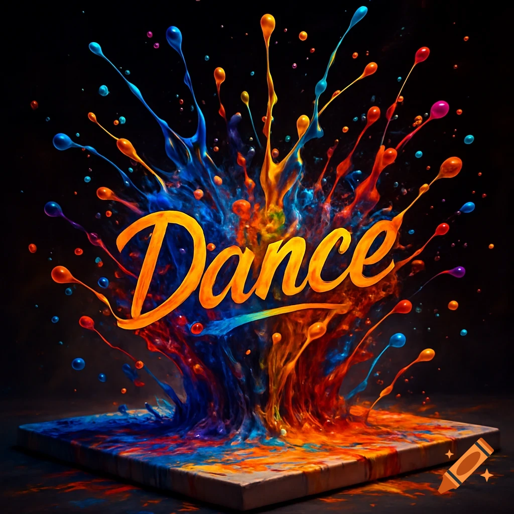 Vibrant 3D illustration of the word 'Dance' in orange text, emerging from a colorful paint splash.