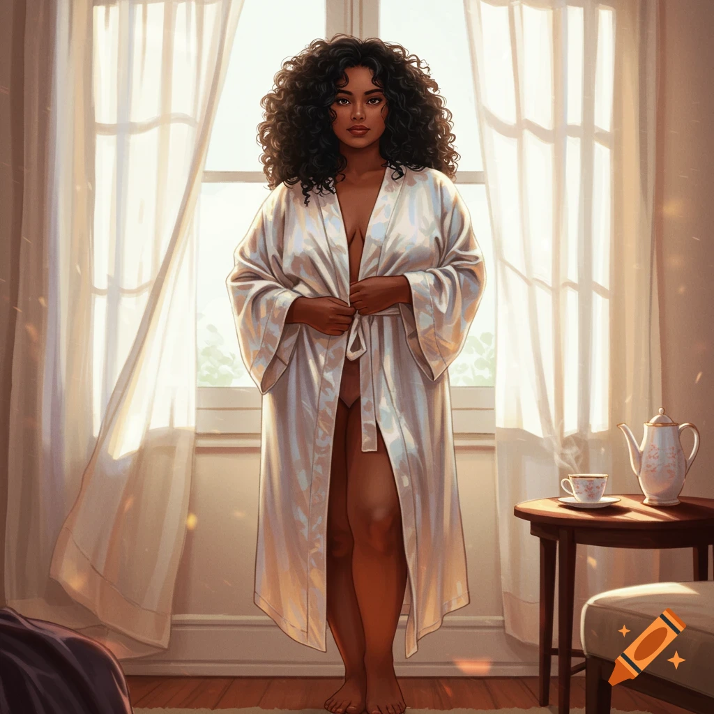 A woman with dark curly hair and caramel skin in a silk bathrobe stands by a sunlit window, painted realistically.