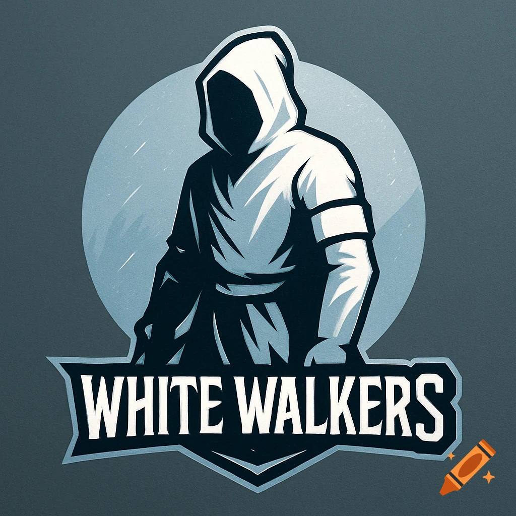 Stylized logo of a hooded figure in white robes with 'WHITE WALKERS' text on a banner below, against a light blue circle.