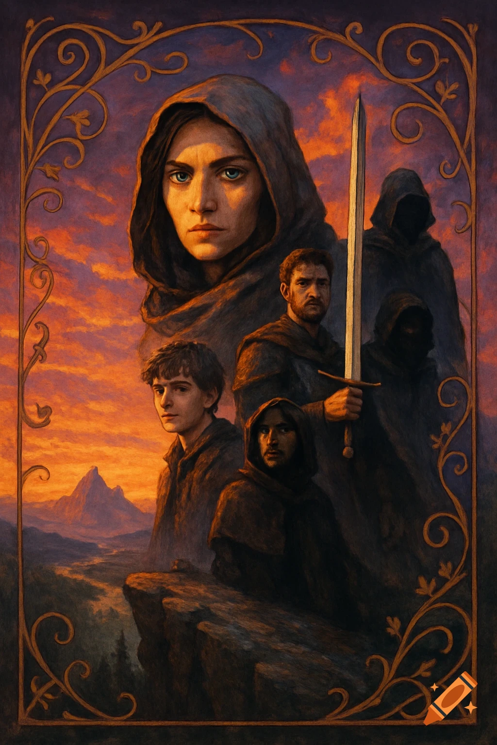 A detailed painting of a hooded woman, a man with a sword, and other figures, set against a fiery sunset and mountains, within an ornate golden border.