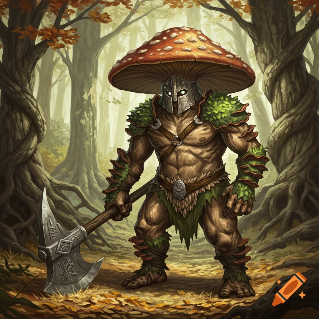 A muscular myconid barbarian with a mushroom cap helmet and leaf armor holds a battle axe in an autumn forest, digital art.