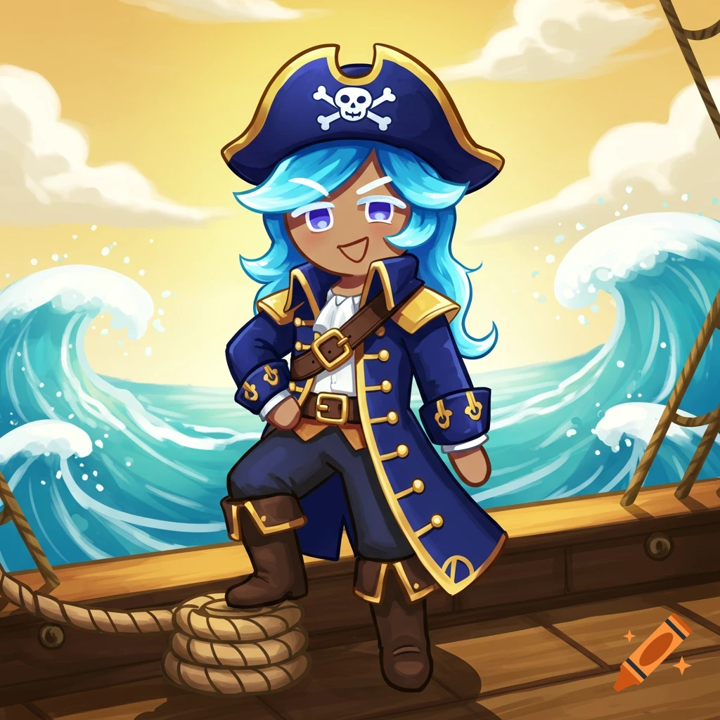 A blue-haired pirate cookie character from Cookie Run: Kingdom stands on a ship deck with large waves in the background.