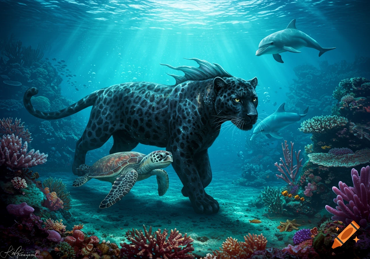 A black panther with a fin-like mane and patterned fur swims alongside a sea turtle and two dolphins in a vibrant coral reef.