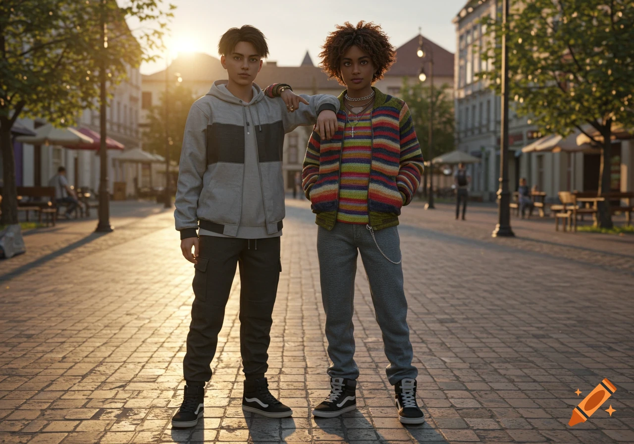 Two young people, one in a gray hoodie and the other in a colorful striped jacket, stand on a cobblestone street at sunset.