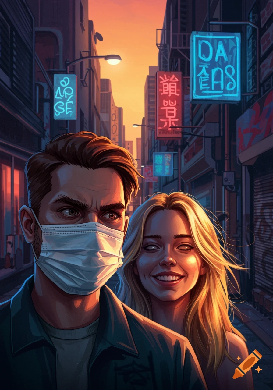 A stylized illustration of a man in a medical mask looking sternly, next to a smiling blonde woman, against a city street with neon signs at sunset.
