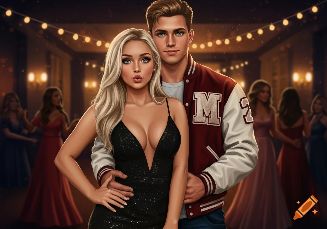 An illustration of a young couple posing at a dimly lit party with string lights. The blonde woman wears a black dress, and the man wears a letterman jacket.