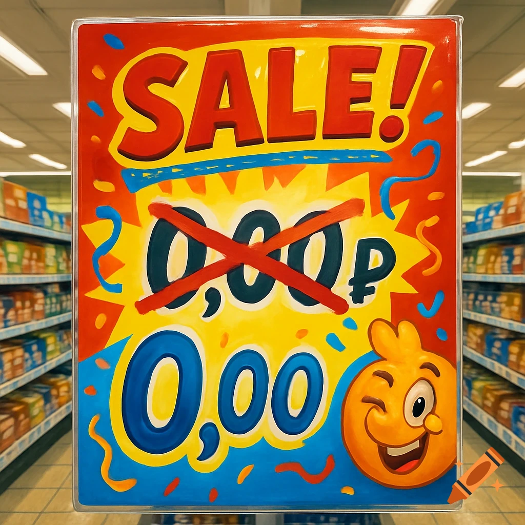 Bright sale sign in a supermarket reads "SALE!", with "0,00 ", next to a winking cartoon character.