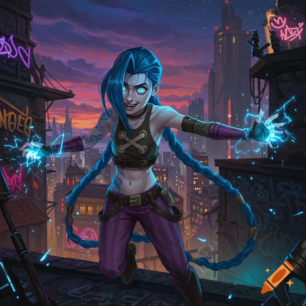 Jinx, from Arcane, on a city rooftop with glowing eyes and hands crackling with blue electricity at sunset.
