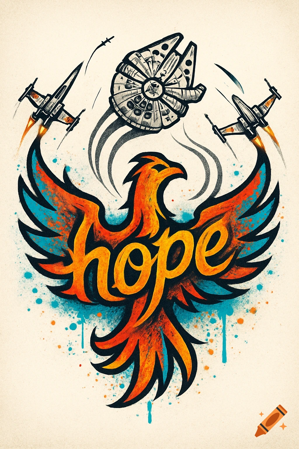 Stylized phoenix with "hope" in its body, surrounded by flying Millennium Falcon and X-wing ships, in a vibrant graffiti art style.