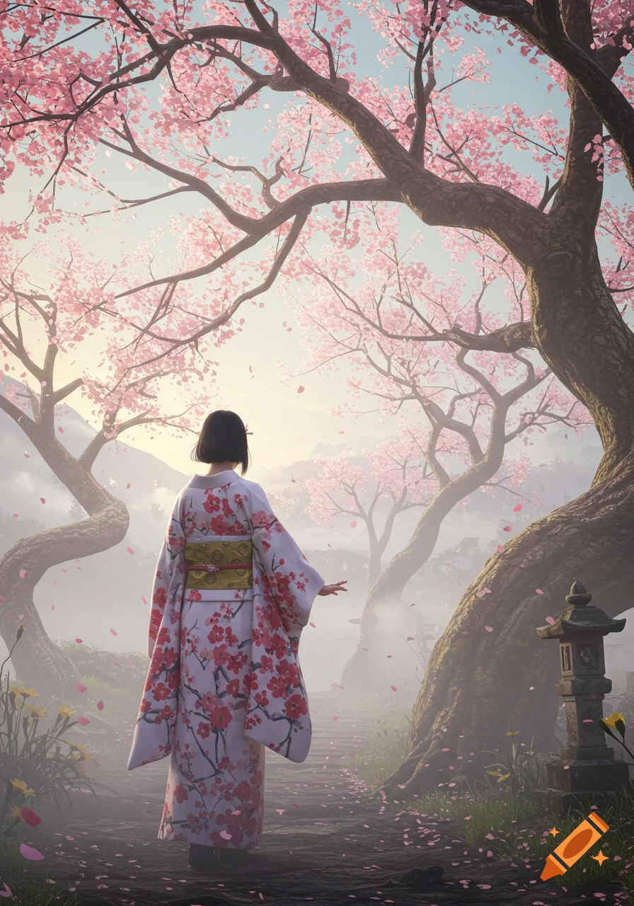 A woman in a floral kimono walks on a path through a serene cherry blossom forest with mist-shrouded mountains.