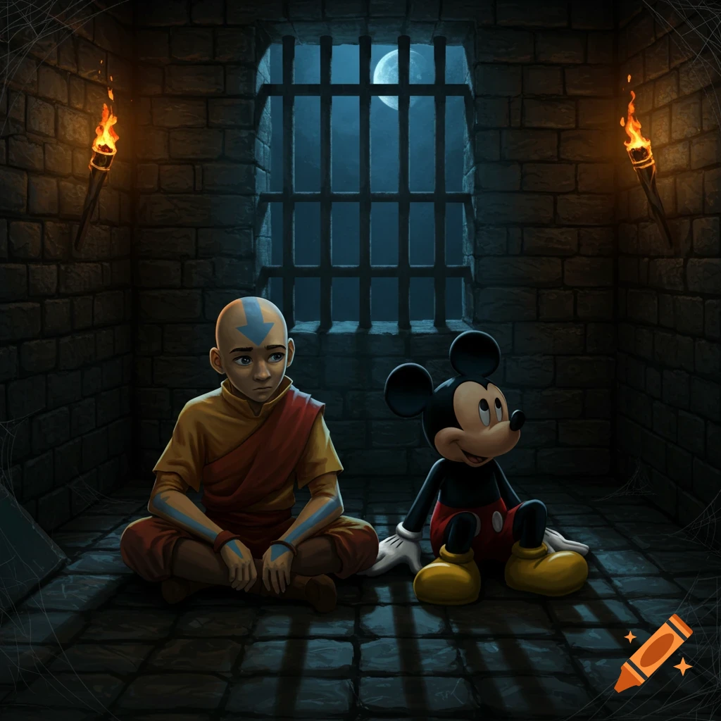 Aang and Mickey Mouse sit cross-legged in a dark stone prison cell lit by torches, with a moon visible through barred windows.