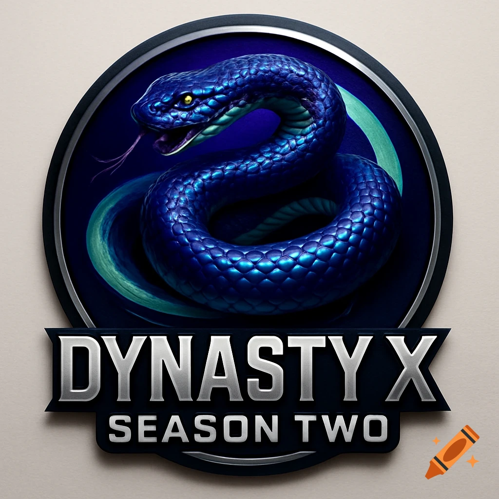 A hyperrealistic blue viper snake logo in a circular frame with text 'DYNASTY X SEASON TWO' below.