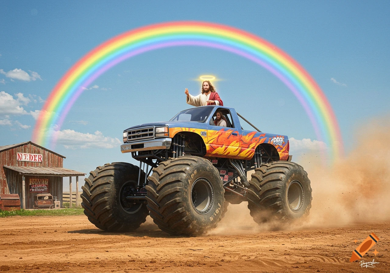 Jesus stands atop a flame-decorated monster truck kicking up dirt, under a large, colorful rainbow in a rural setting.