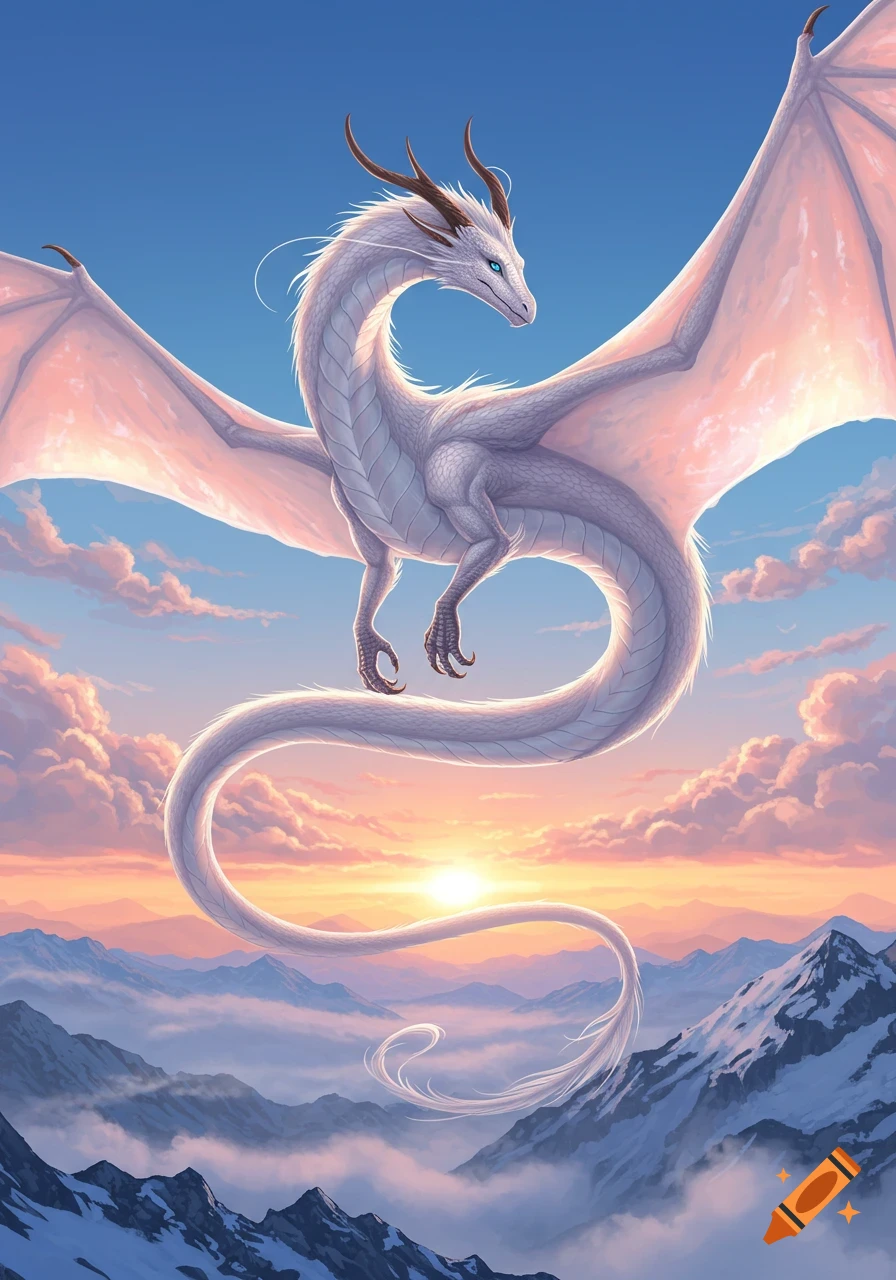 A majestic white dragon with large wings soars gracefully above snow-capped mountains at sunset, with a vibrant orange and blue sky.