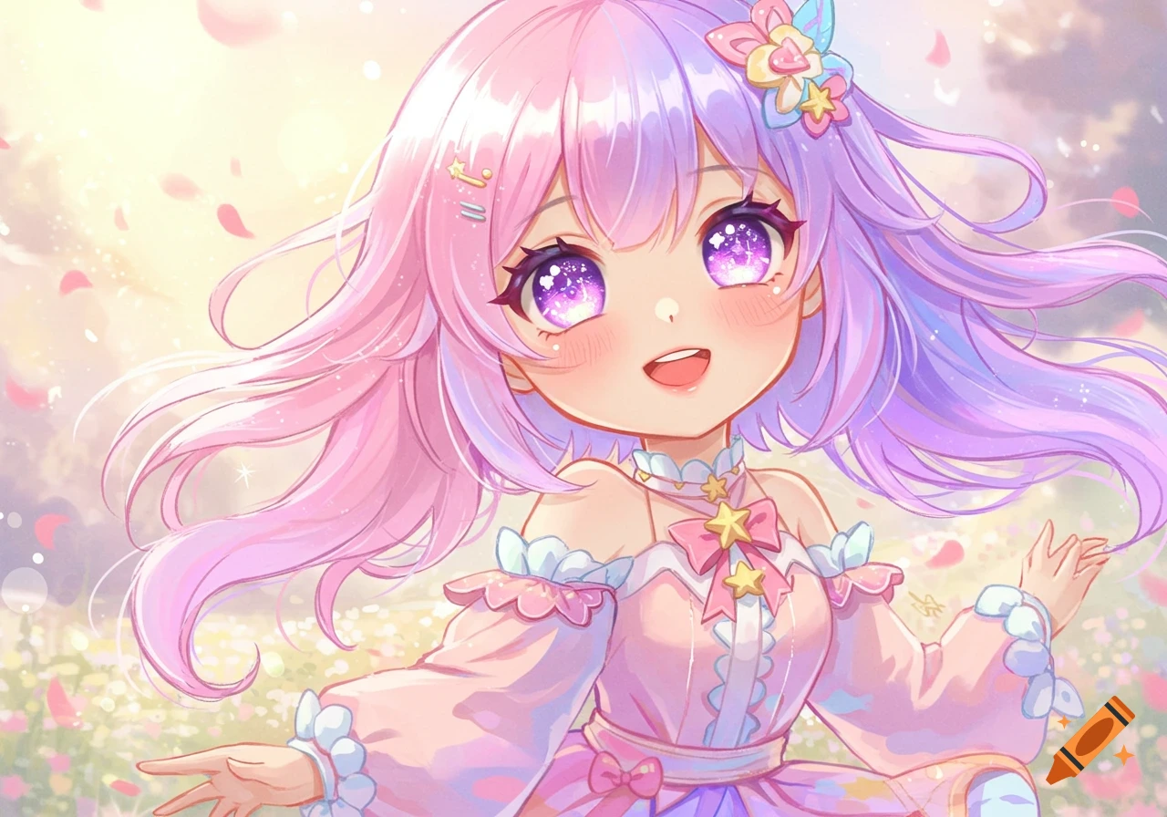 A cute anime girl with pink and purple hair and sparkling eyes, wearing a pastel pink dress, smiling in a field with falling petals.
