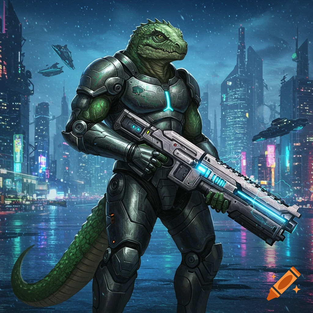 A green lizard man in power armor holds a large glowing sci-fi rifle in a futuristic neon city at night.