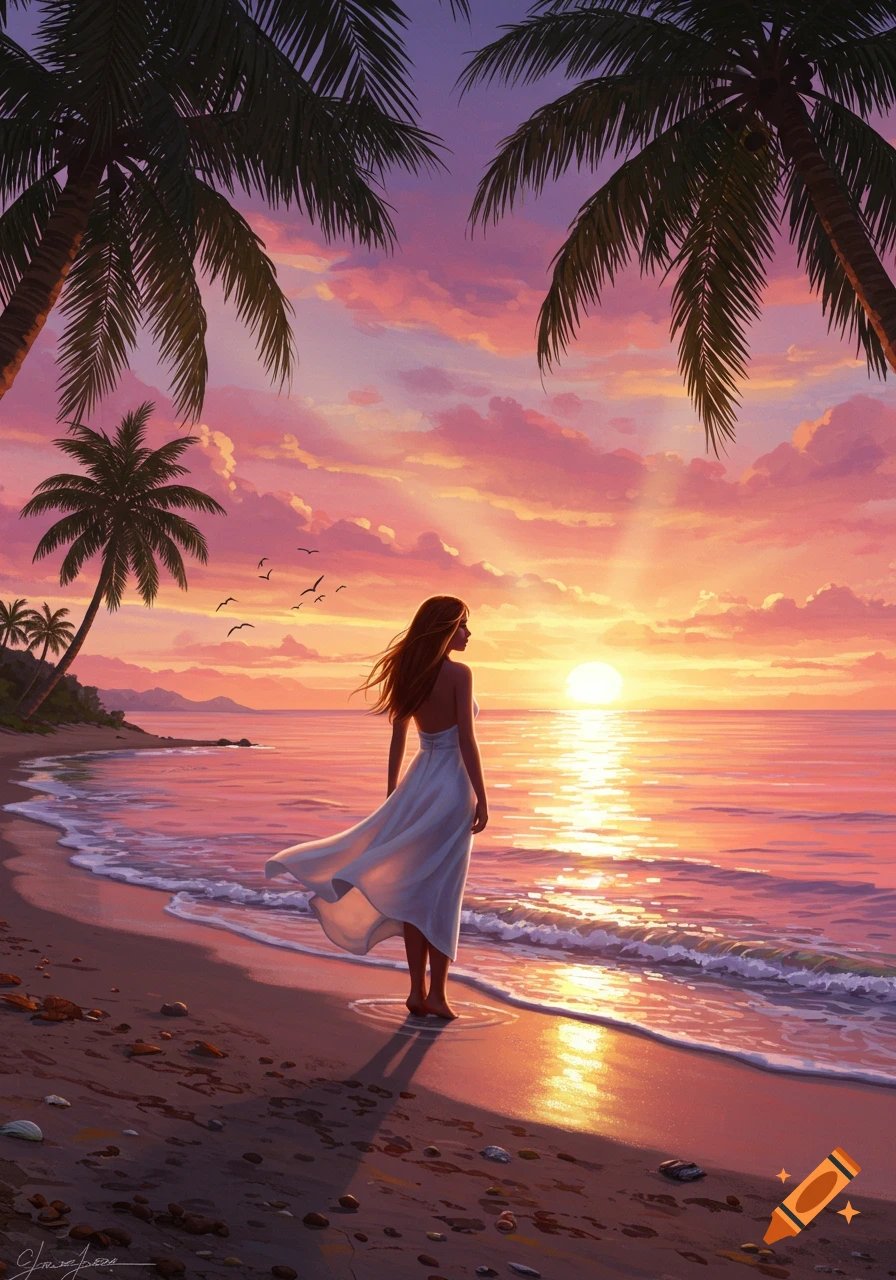 Digital painting of a woman in a white dress on a tropical beach, gazing at a vibrant sunset over the ocean with palm trees.