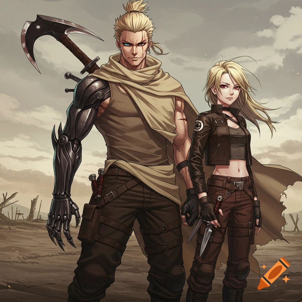 An anime-style duo, a tall man with a prosthetic arm and a large cleaver and a shorter woman with daggers, stand in a barren wasteland.