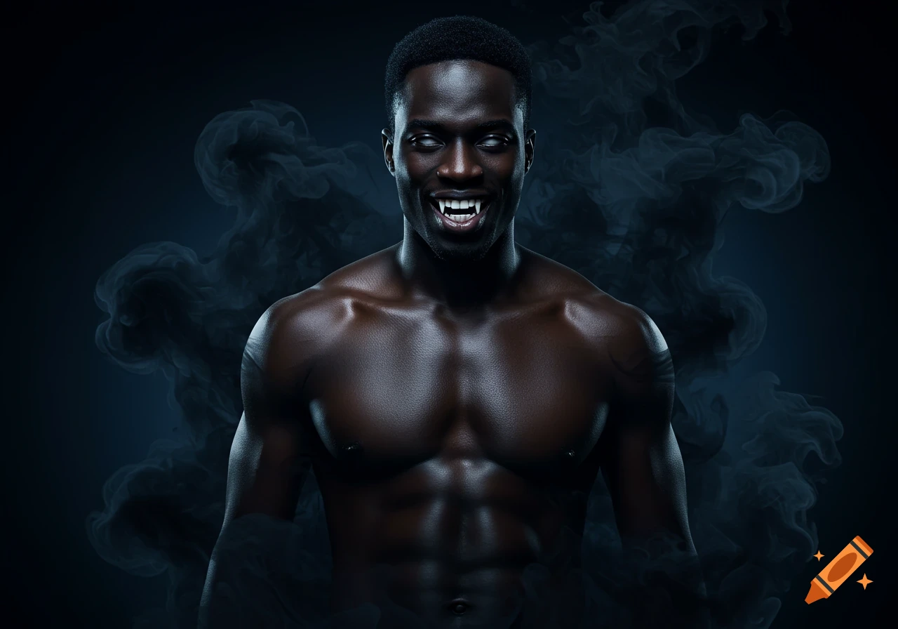 Photorealistic portrait of a shirtless Black man with fangs, white eyes, and an intense smile, surrounded by dark smoke.