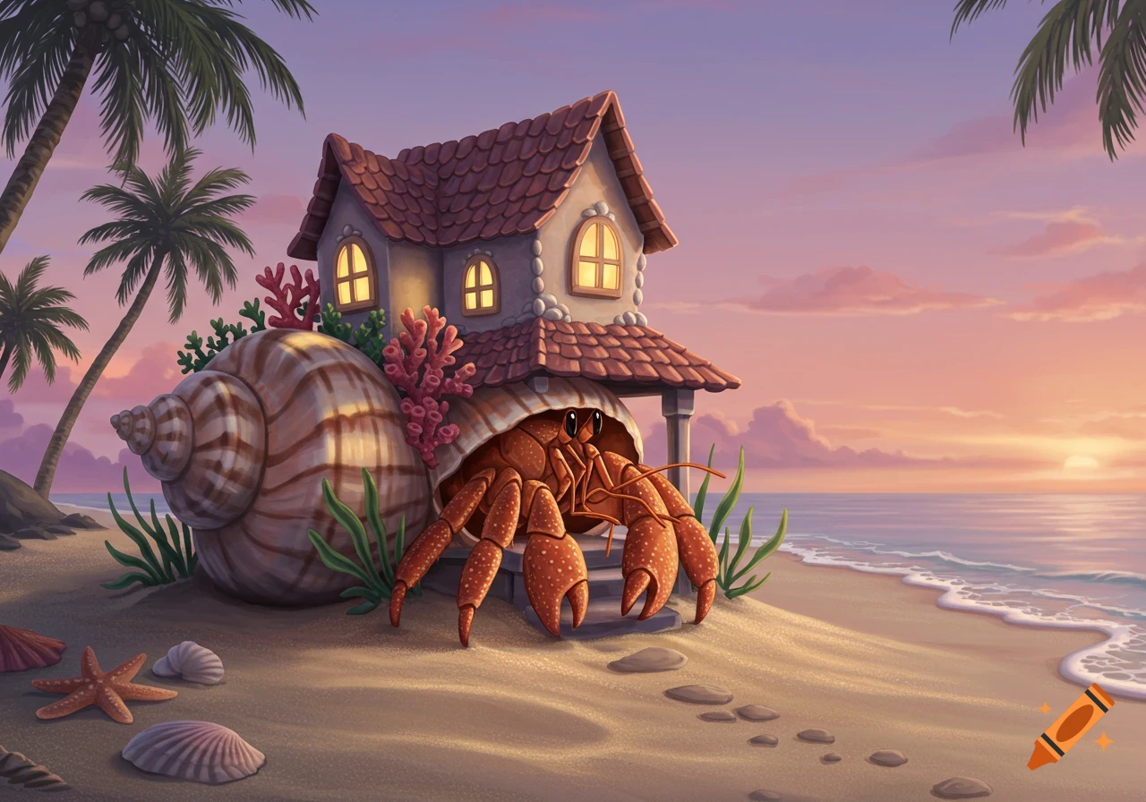 Cartoon hermit crab with a house for a shell on a sandy beach at sunset, with palm trees and ocean.
