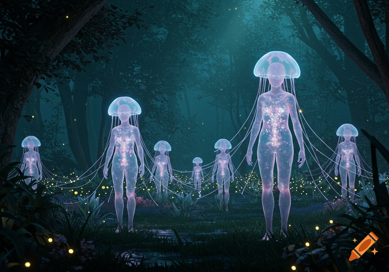 Glowing, translucent humanoid figures with jellyfish heads stand in a dark, magical forest.