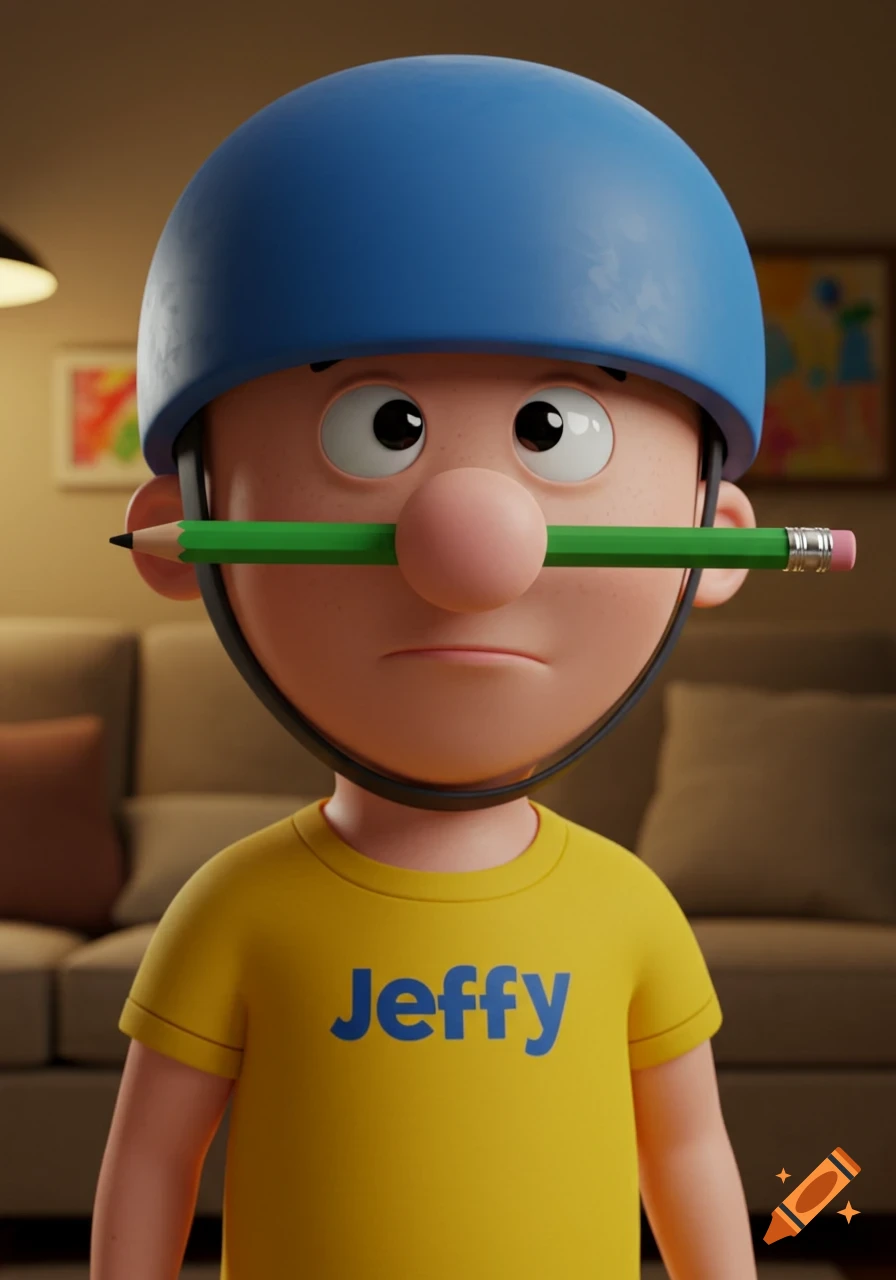 3D rendered cartoon boy with a blue helmet, yellow 'Jeffy' t-shirt, balancing a green pencil under his nose.