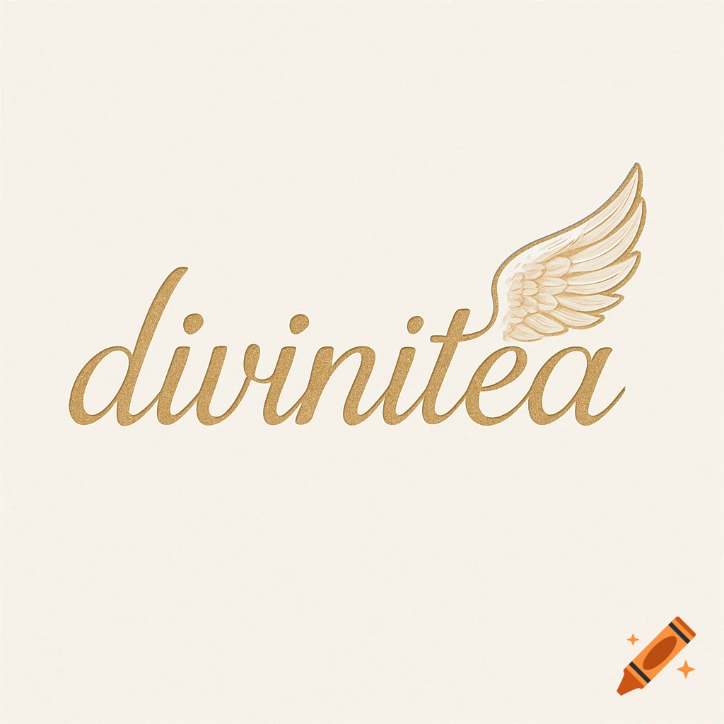 Gold cursive logo for "divinitea" with a stylized angel wing attached to the letter "a" on a cream background.