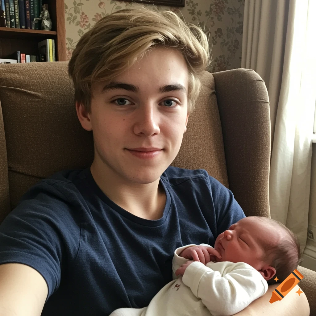 A blonde teenage boy holds a sleeping newborn baby while sitting in a brown armchair. Photorealistic selfie.