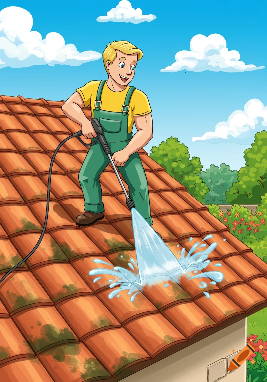 A smiling blonde man in green overalls pressure washing a dirty tiled roof on a sunny day in a cartoon style.
