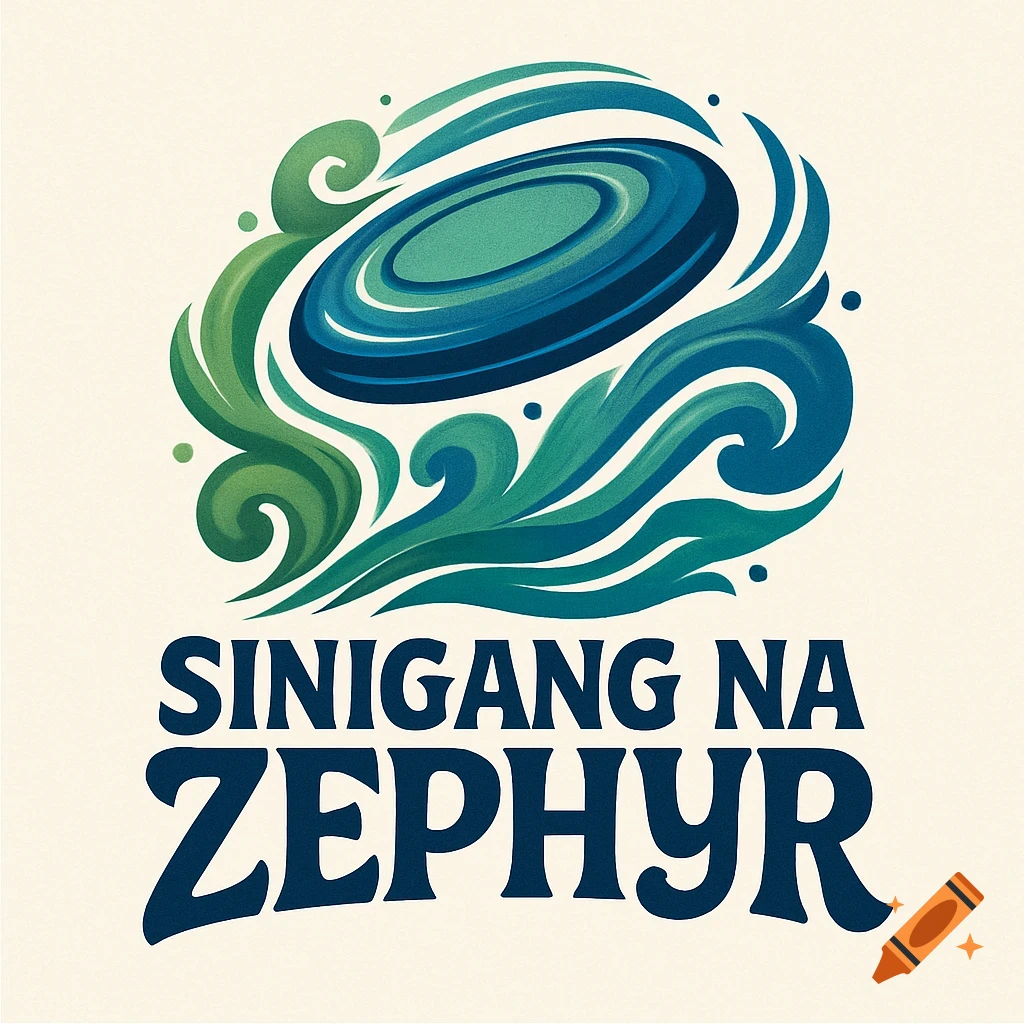 Logo for a frisbee team: 'SINIGANG NA ZEPHYR' with abstract blue and green frisbee and wave design.