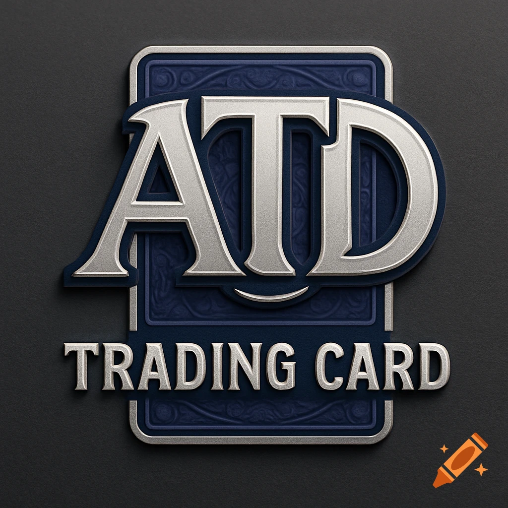 Metallic silver ATD TRADING CARD logo on a dark blue ornate card shape against a dark grey background.