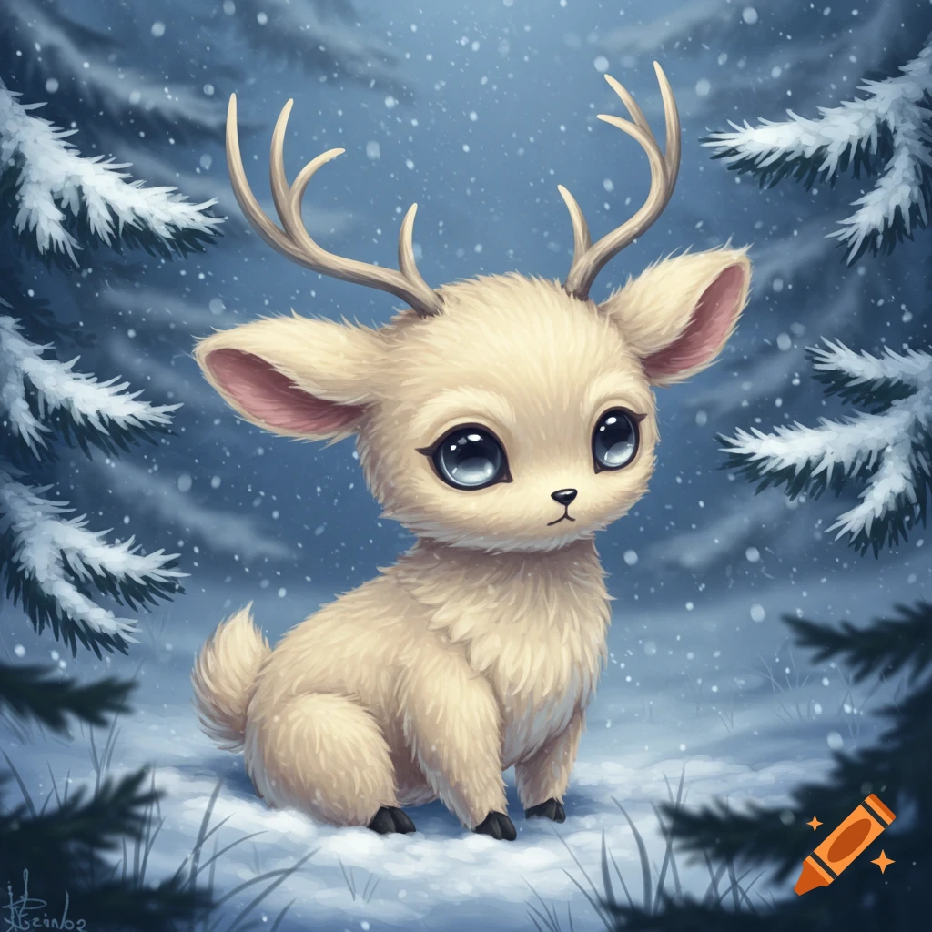 Cute fluffy fawn-like creature with large eyes and small antlers sits in a snowy forest during snowfall, digital art.