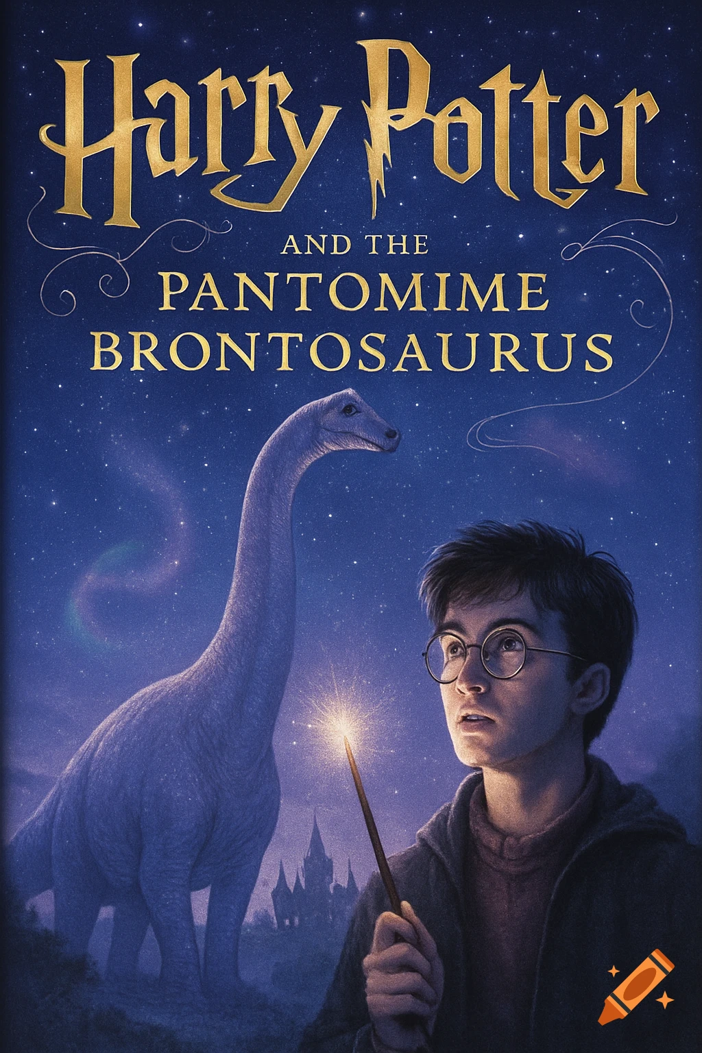 Book cover: Harry Potter with glowing wand looking at a brontosaurus under a starry night sky with a castle.