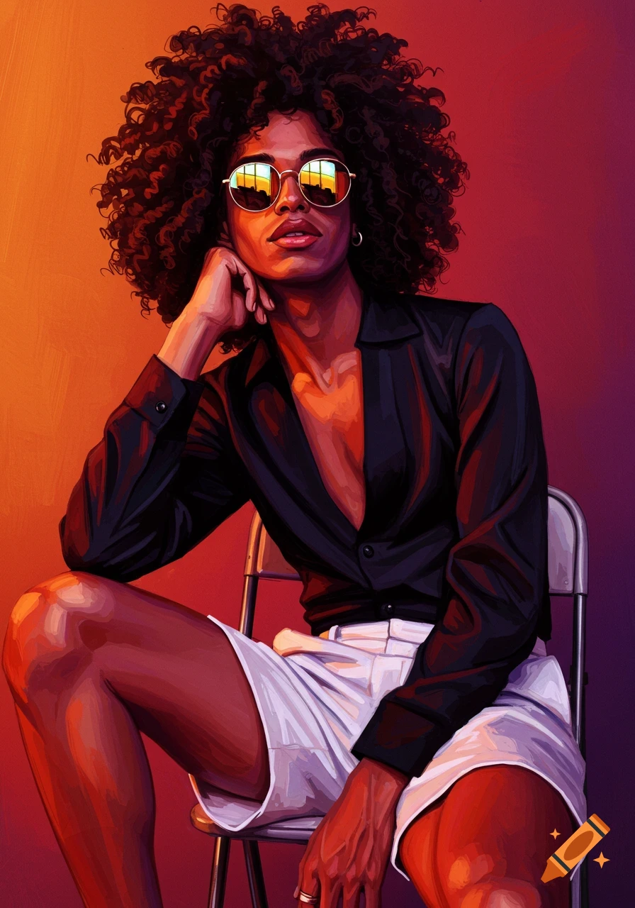 Digital painting of a confident person with curly hair and sunglasses, wearing a black shirt and white shorts, sitting on a chair with warm lighting.