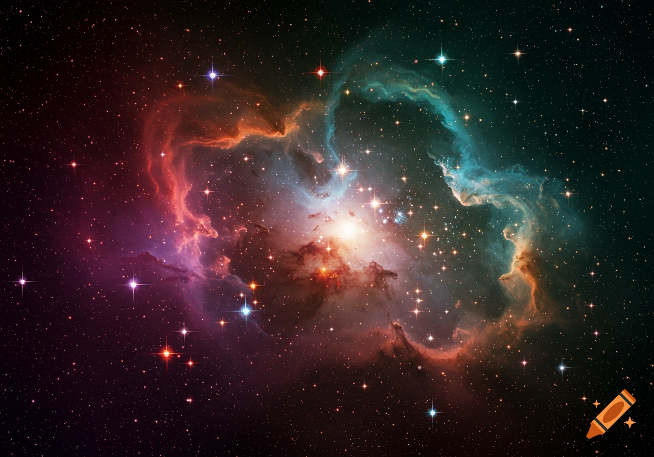 A colorful nebula with glowing gases of red, orange, and teal, surrounded by countless stars in deep space.