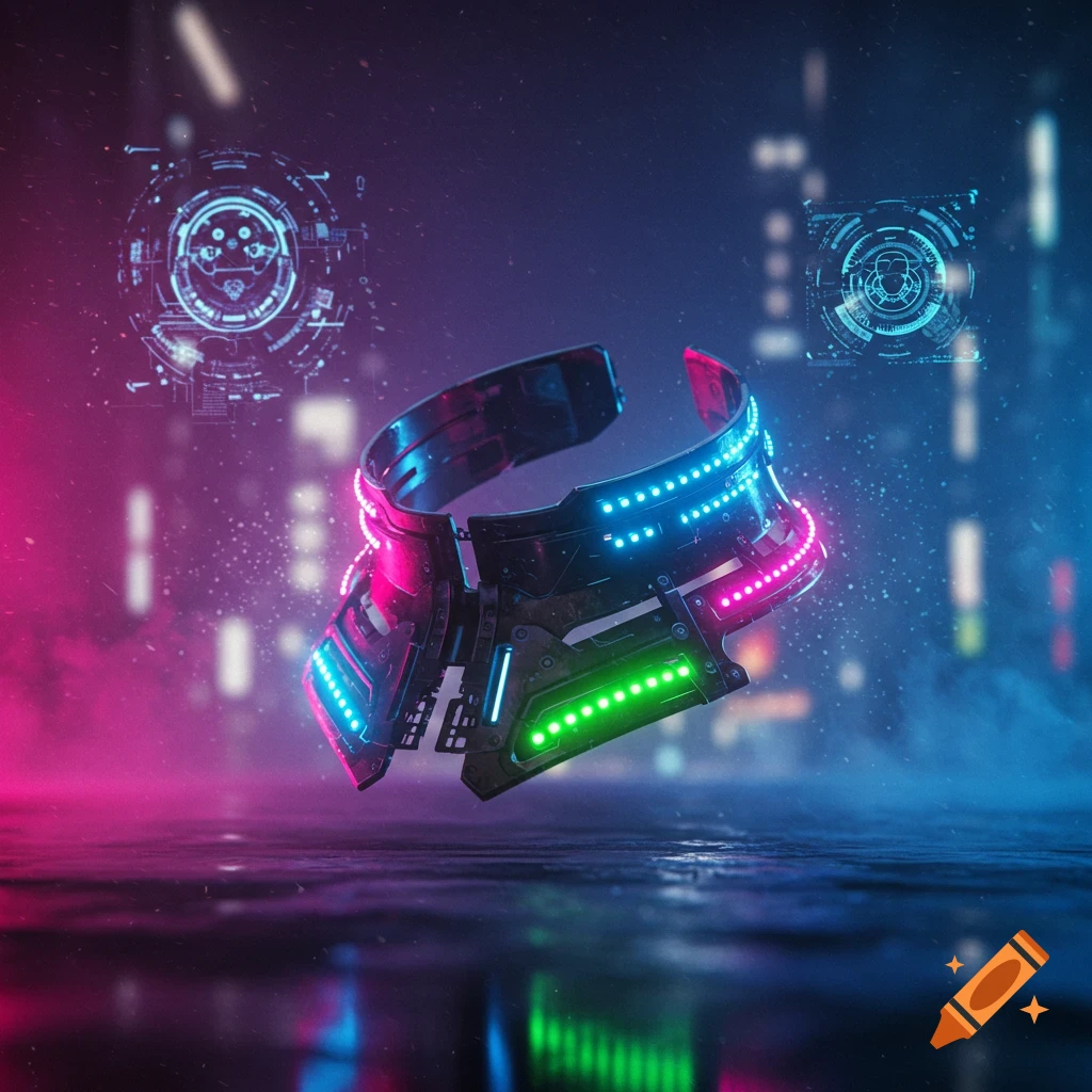 A futuristic cyberpunk gorget illuminated with bright blue, pink, and green neon lights, reflecting on a wet surface.