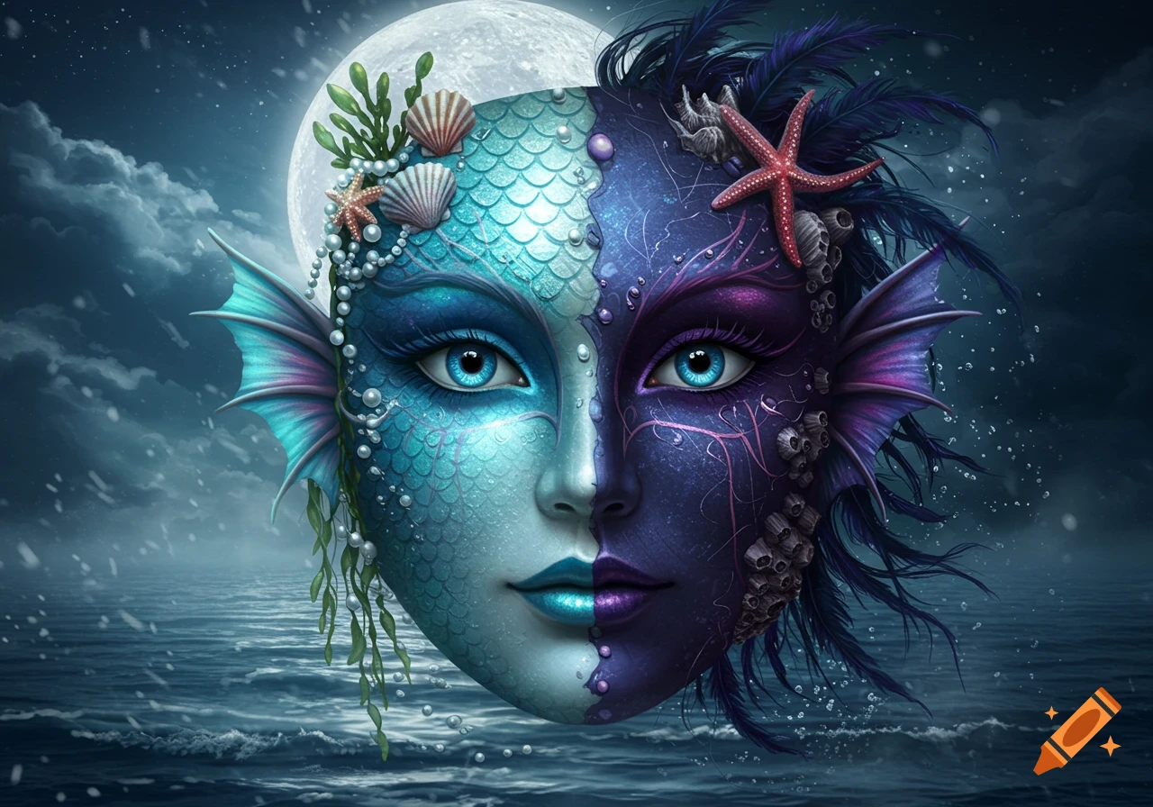 Digital painting of a fantasy mask, half blue-green mermaid, half dark purple siren, against a moonlit ocean.