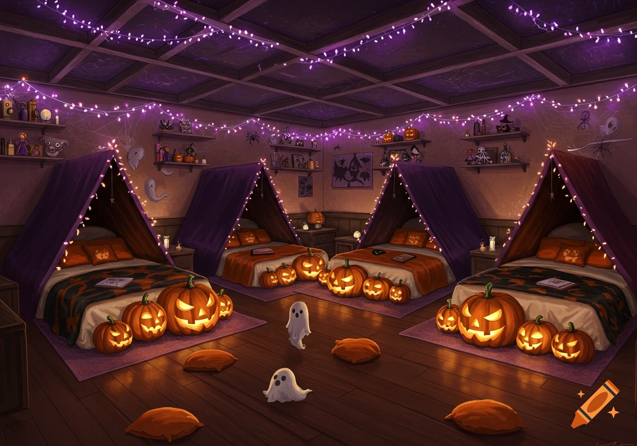 A spooky-cute Halloween-decorated room with four tented beds, glowing jack-o'-lanterns, purple string lights, and cartoon ghosts.
