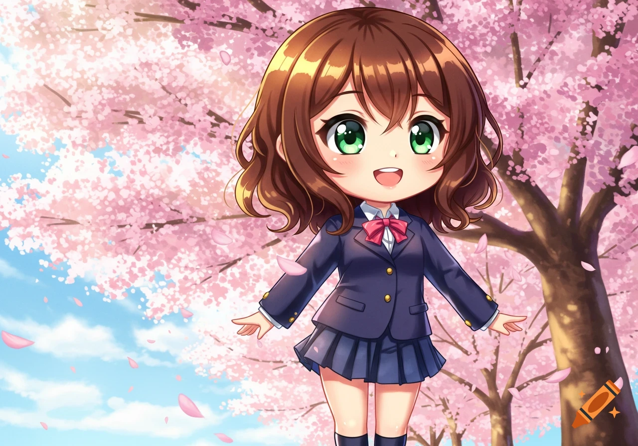 A cute chibi anime girl with brown hair and green eyes in a school uniform, standing among pink cherry blossoms.
