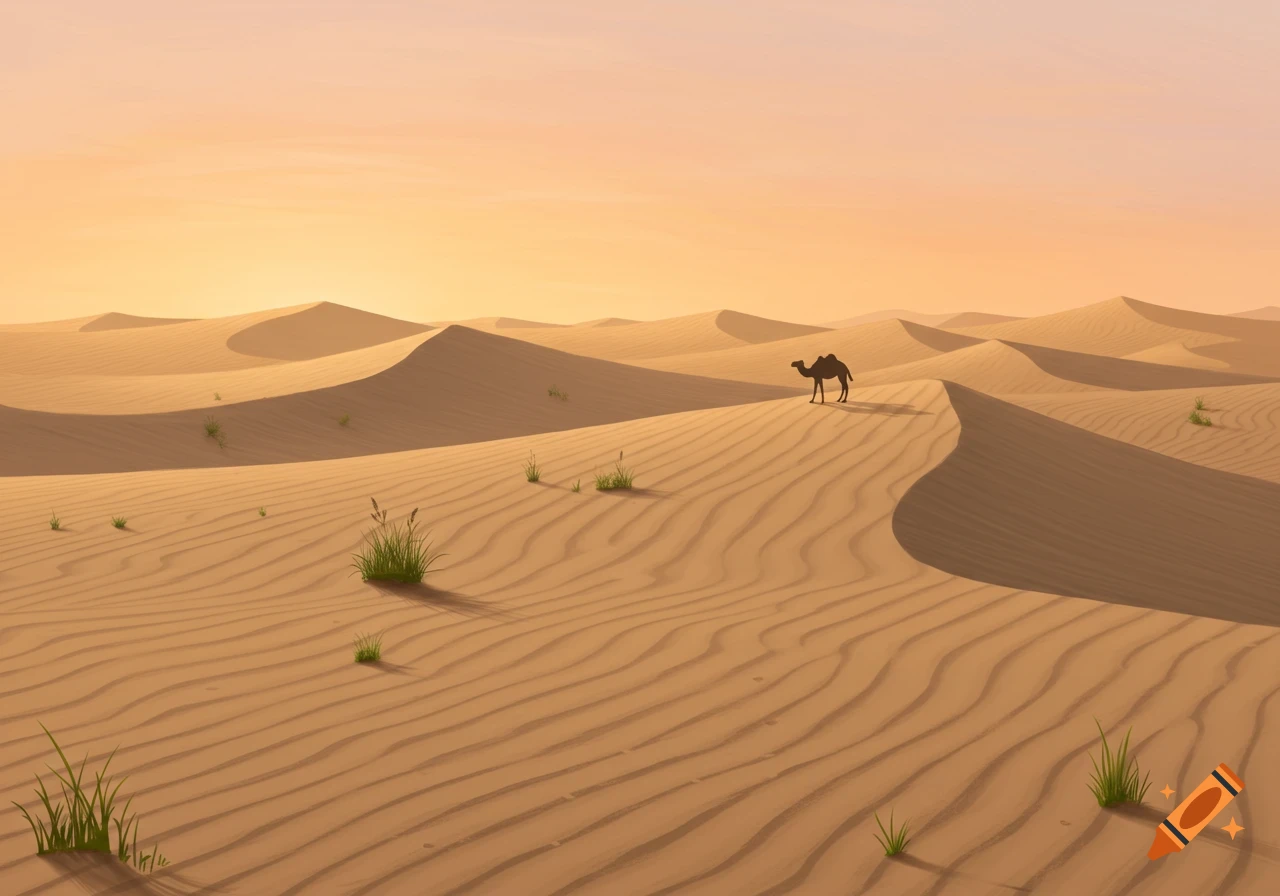 A stylized desert landscape with numerous sand dunes under an orange sky, and a lone camel walking on a distant dune.