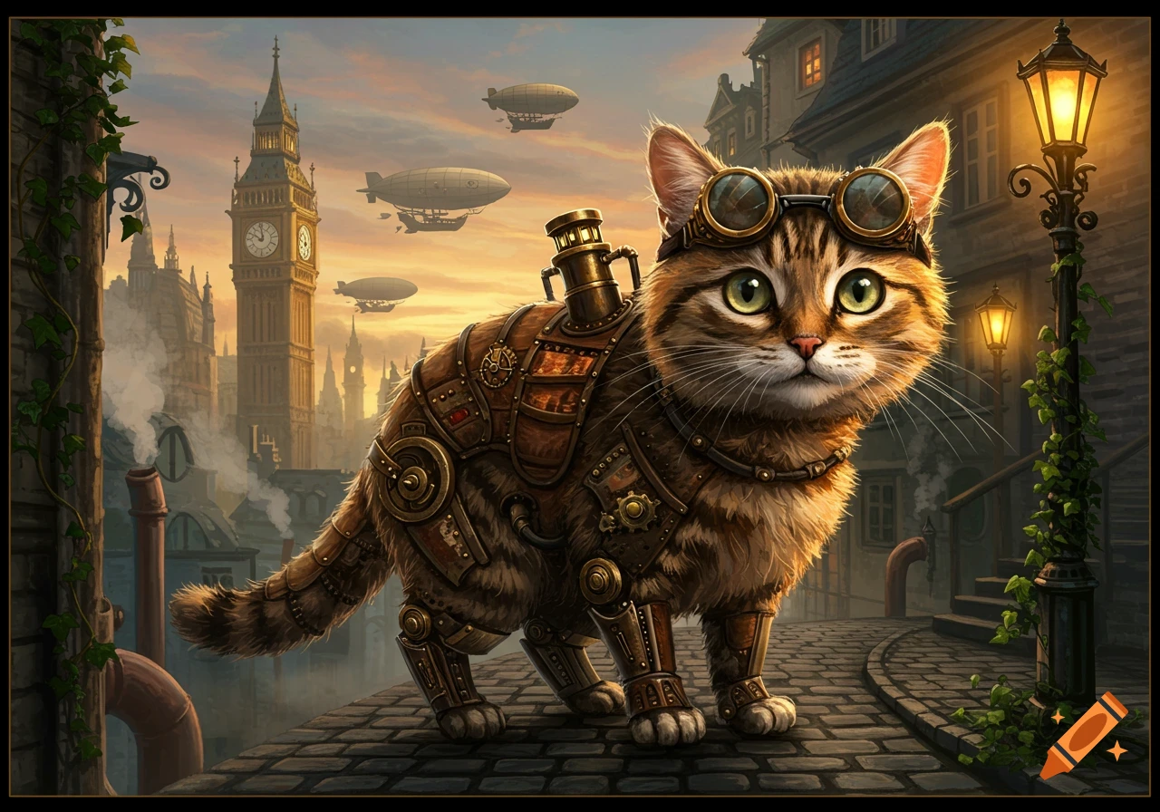 Steampunk cat wearing goggles and armor on a cobblestone street, with Big Ben and airships in the background at sunset. Digital art.