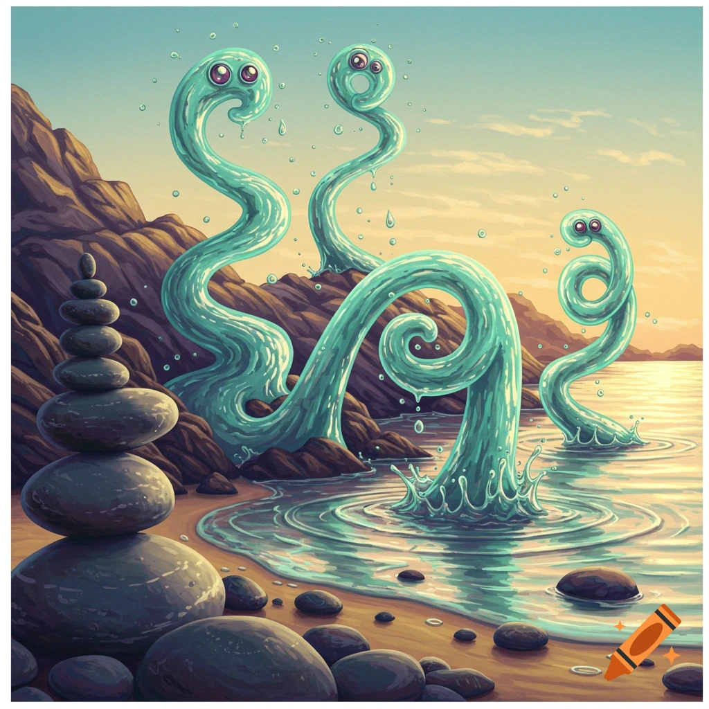 Three whimsical turquoise water creatures rise from the ocean onto a sandy beach with stacked rocks at sunset.