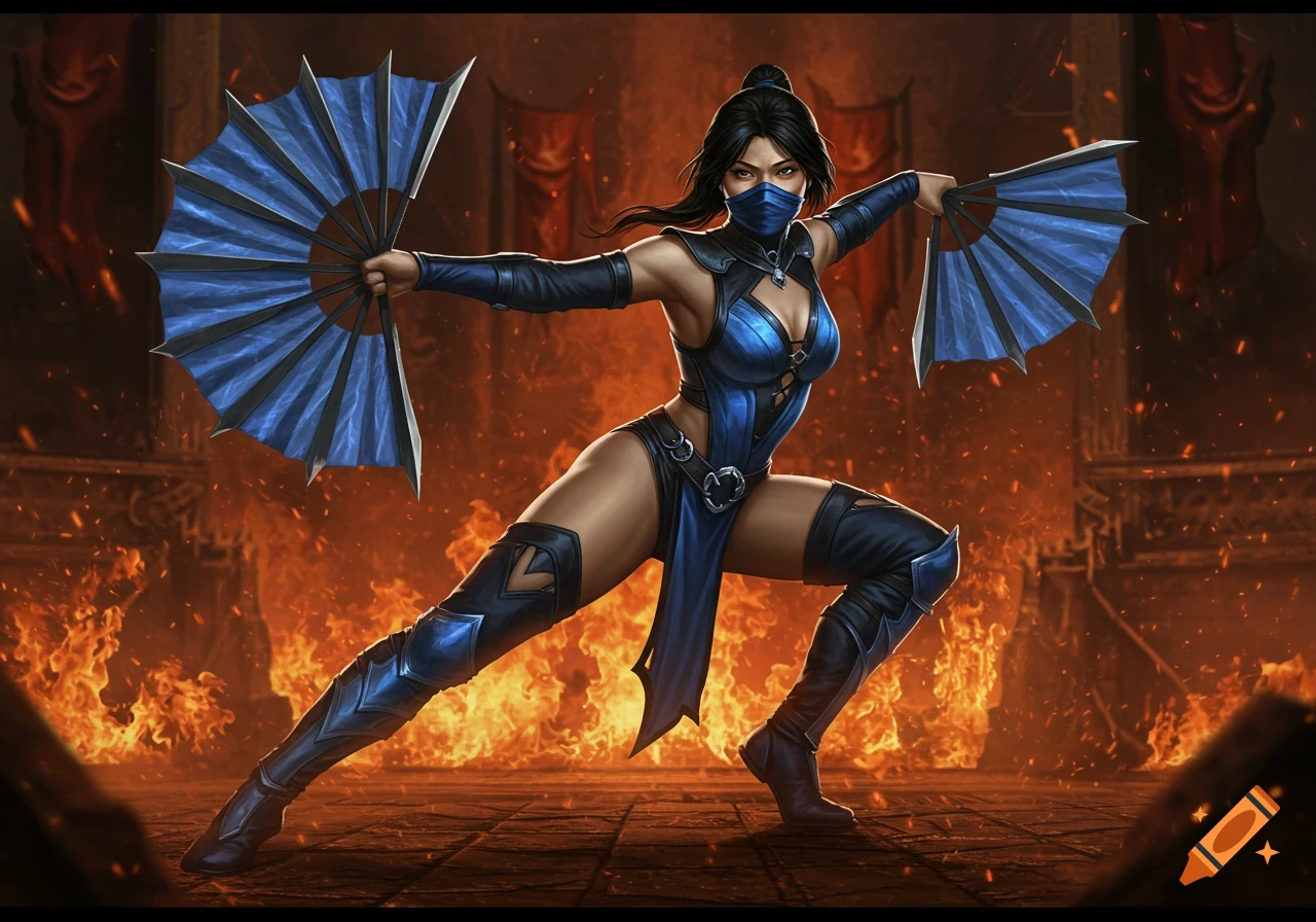 Kitana from Mortal Kombat in a blue fighting costume, holding bladed fans in a fiery arena.