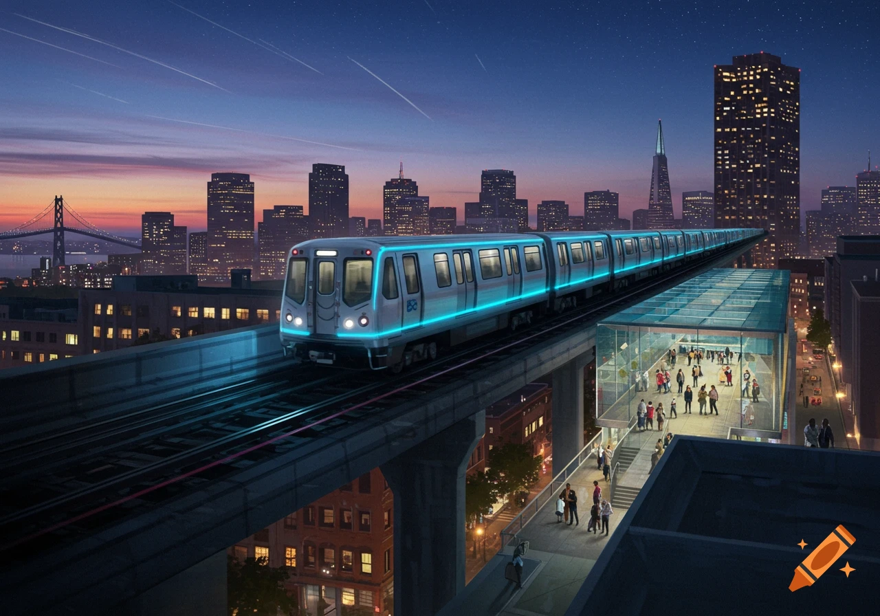 A futuristic glowing blue and silver train on an elevated track in a city at dusk, with a busy glass station below and a skyline including a bridge.