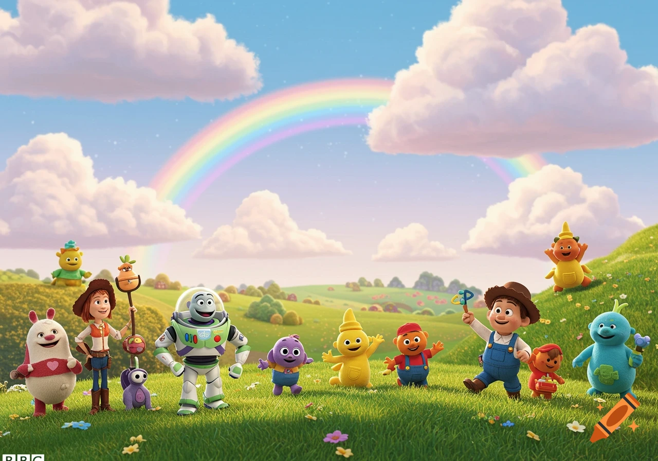 A vibrant animated scene with Buzz Lightyear and various cartoon characters on a sunny green hill with a rainbow.